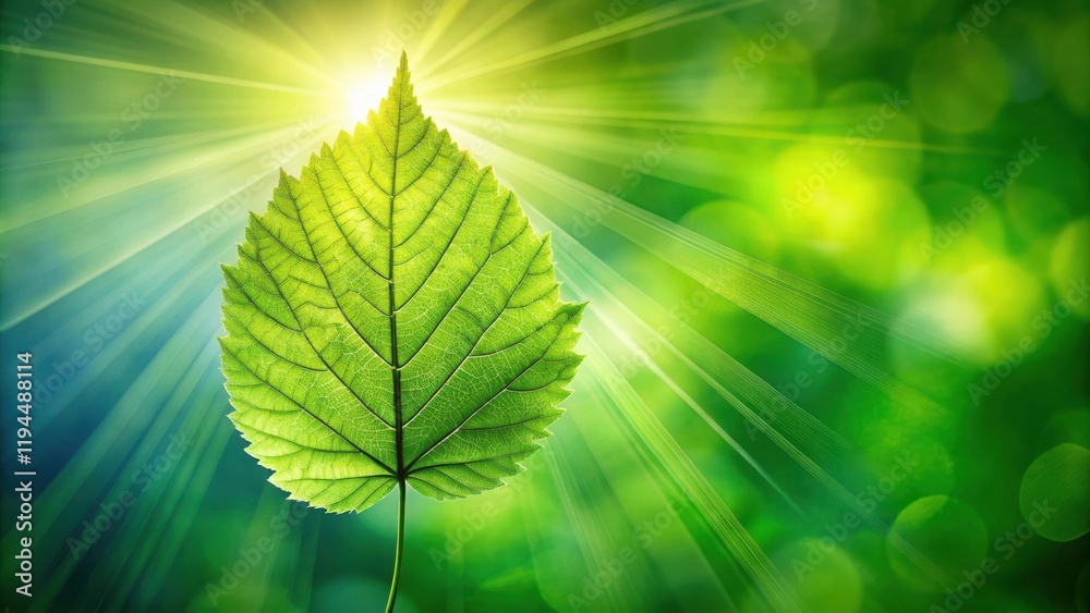 Poster a single green leaf basking in the sunlight, its veins illuminated, surrounded by a soft green bokeh
