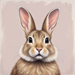 Obraz premium A cute, illustrated portrait of a rabbit with large, expressive eyes and soft fur against a pastel pink background.