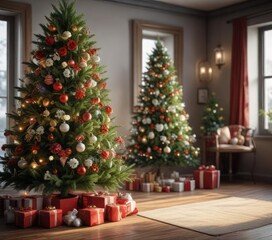 A decorated Christmas tree with festive flowers and greenery, holiday decoration, mistletoe,