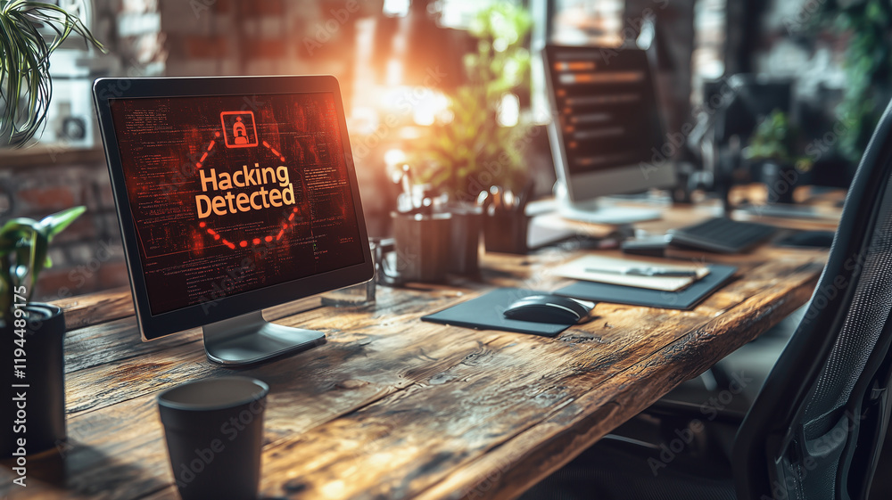 Poster hacking detected alert: a computer screen displays a stark 