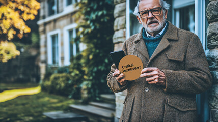 Worried Senior Holding Missing Person Poster: A concerned senior man with a worried expression holds a "Critical: Missing" poster in his hand, standing outside a brick home.