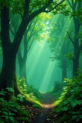 Obraz premium Dense emerald canopy, steamy air, August humidity, ferns, biodiversity, lianas