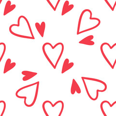 Seamless pattern with red outlined and filled hearts on white