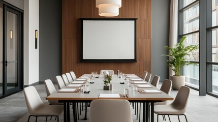 Stylish office meeting room layout with presentation background
