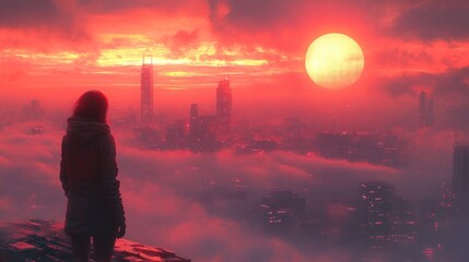 Fototapeta premium Solitary Figure at Sunset Over a Futuristic Cityscape