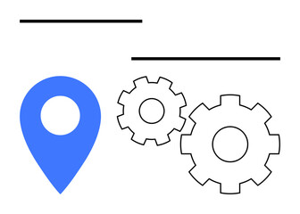Blue location marker beside two gears and two horizontal lines. Ideal for technology, navigation, engineering, process optimization, development, innovation, and connectivity themes. Line metaphor