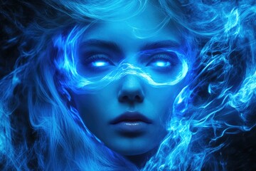 Fototapeta premium Mysterious figure with glowing blue aura, captivating eyes and e