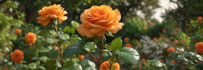 Obraz premium A delicate toffee rose blooms in a garden amidst vibrant orange hues and lush greenery, sweet fragrance, blooming garden, floral arrangement