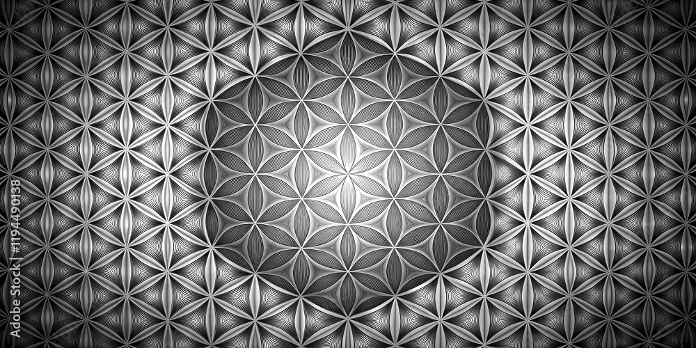 Fototapete A symmetrical pattern of overlapping geometric flower shapes in grayscale creates a visually captivating and intriguing composition.