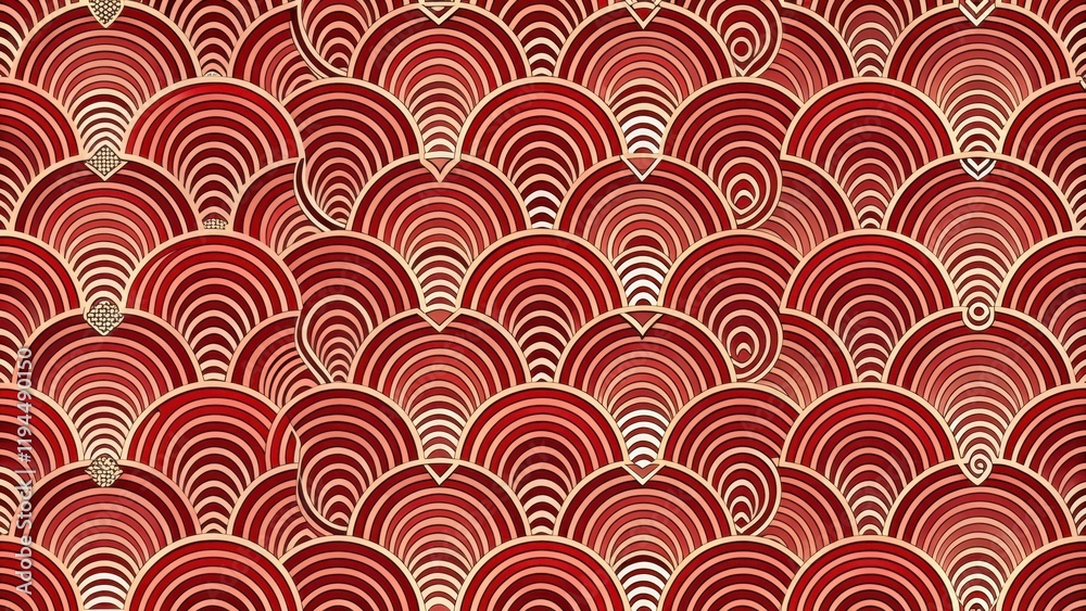 Aufkleber A seamless pattern featuring a mosaic of overlapping semi-circles in shades of red with a delicate gold outline, creating a visually captivating geometric design.