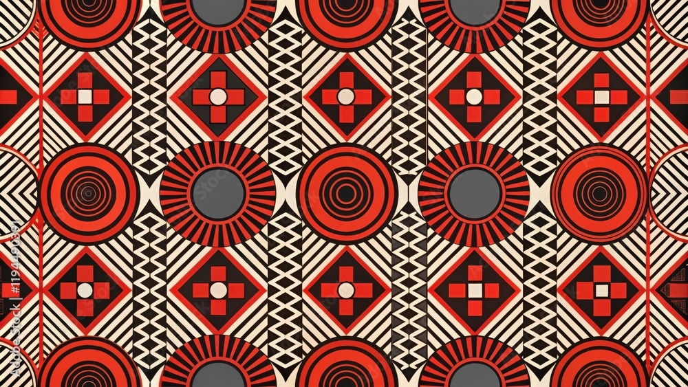 Poster a contemporary geometric pattern featuring concentric circles, radiating lines, and overlapping diam