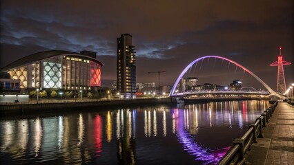 A dramatic shot of the Glasgow skyline at night, with neon lights reflecting off the waters of Pacific Quay, glass, urban, tower, Glasgow