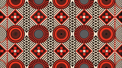 A contemporary geometric pattern featuring concentric circles, radiating lines, and overlapping diamonds in vibrant shades of red, black, and white.