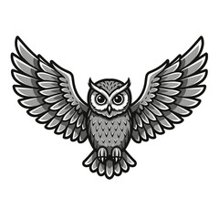 Obraz premium Soaring Owl: A majestic owl in flight, wings spread wide, with a powerful and watchful gaze. Its intricate plumage and sharp eyes are rendered in striking monochrome detail.