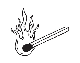 Burning match hand drawn doodle icon, simple line match drawing sketch, design outline element.