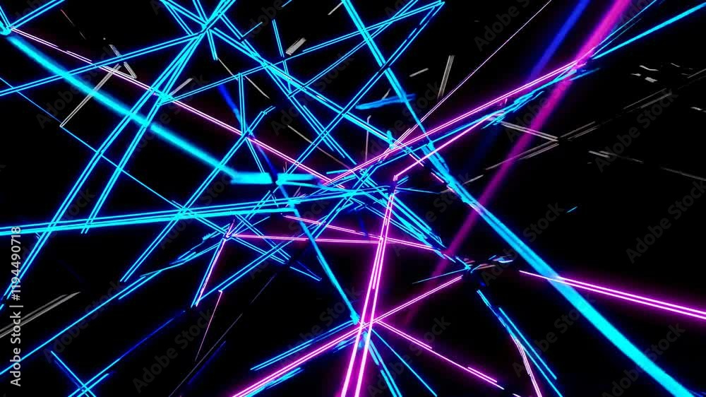 Poster light beams intertwine in a dynamic display of blue and pink patterns with a dark background