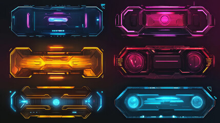 Neon avatar frames, futuristic glowing ski-fi borders, space hud round technology isolated tech portals for game, ui graphic design elements for virtual reality, gamer panel or dashboard, Vector set