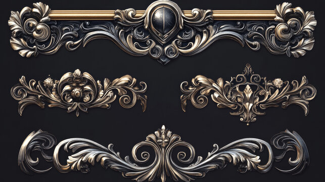 Empty rectangle frames for game banners and buttons. Silver and gold borders with swirls and fantasy ornament in vintage medieval style isolated on background, vector cartoon set