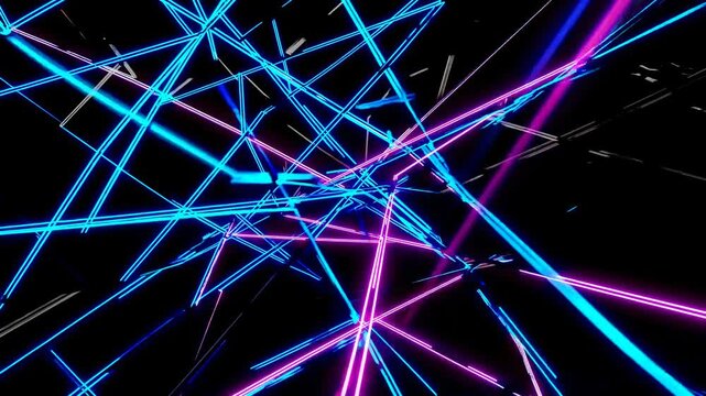 Light beams intertwine in a dynamic display of blue and pink patterns with a dark background