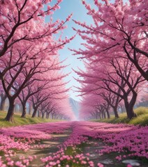Obraz premium A field of blooming cherry blossom trees with vibrant pink flowers and soft focus effect, soft focus, natural beauty