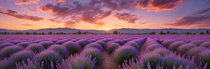 Fototapeta premium A field of lavender flowers at sunset, with the sky turning pink and orange, botanical, wildflowers, flowers