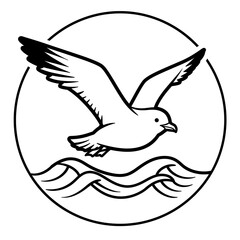 Obraz premium Seagull Soaring: A minimalist black and white illustration of a seagull in flight over crashing waves, enclosed in a circular frame, evokes a sense of freedom and the boundless nature of the sea. 