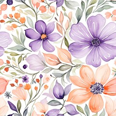 A delicate watercolor floral pattern featuring soft pastel hues of purple and peach - Seamless tile