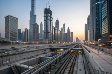 Naklejka premium A futuristic cityscape with towering skyscrapers and a complex network of underground tunnels and conduits, advanced materials, technology integration, urban planning, sustainable living