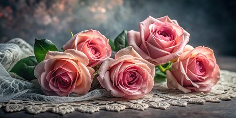 Obraz premium A delicate arrangement of soft pink roses resting gracefully on a white lace doily, capturing the essence of elegance and beauty.