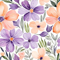 Obraz premium A delicate watercolor floral pattern featuring soft pastel hues of purple and peach - Seamless tile