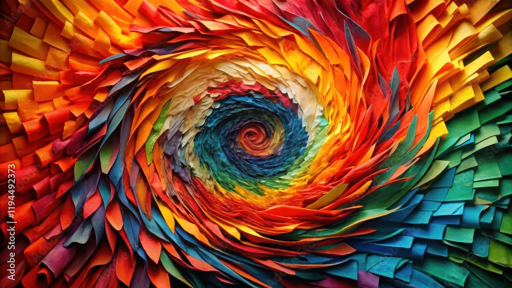 Poster A vibrant, abstract spiral formed from meticulously arranged paper strips, creating a captivating optical illusion of color and texture.