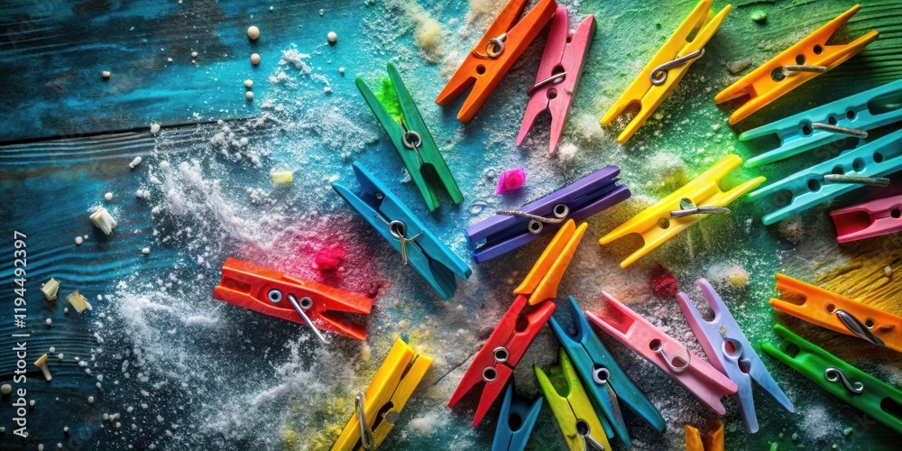 Poster a vibrant collection of colorful clothespins scattered across a textured wooden surface, creating a 