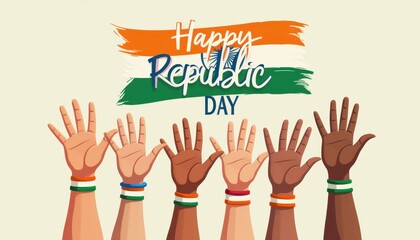 Fototapeta premium Hands raised in unity with tricolor wristbands and bold Happy Republic Day above.