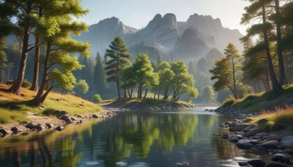 Fototapeta premium A group of trees in the foreground with a blurred background featuring a serene river and surrounding hills, scenery, hills, riverside