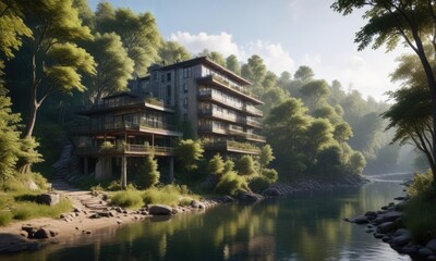 Fototapeta premium A hotel nestled among the trees on the banks of a winding river, autumn resort, luxury accommodations
