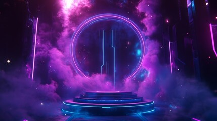 Cylinder flying podium with neon glowing abstract geometric shapes on wall and smoke clouds. Realistic 3d vector illustration of purple and blue luminous hi tech product platform on dark background.
