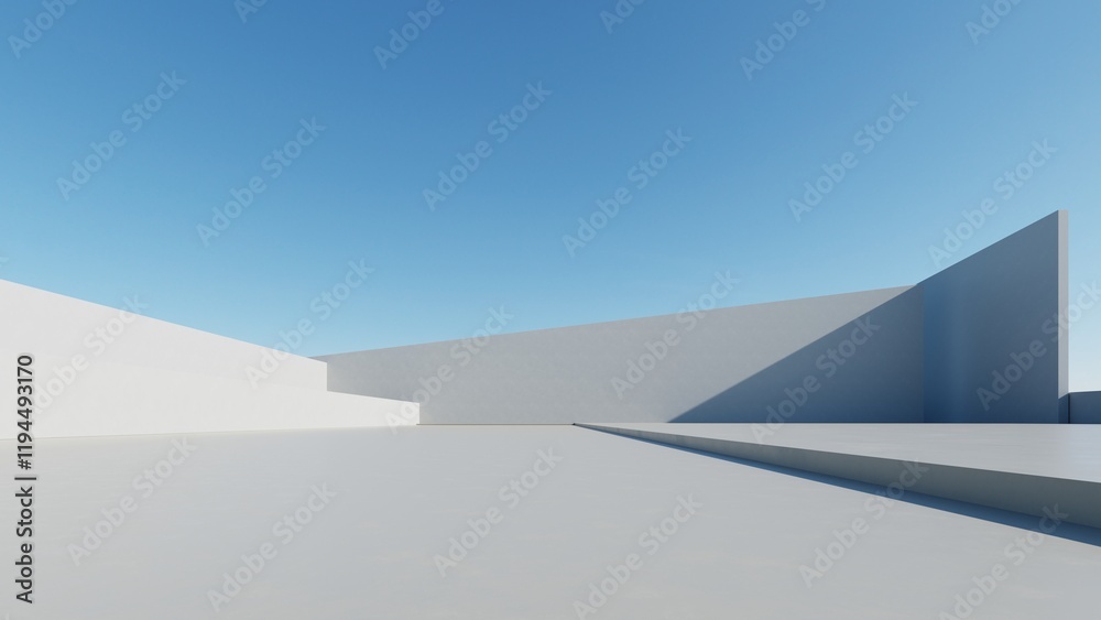 Poster 3d render of abstract modern architecture with empty cement floor, minimal exterior, car presentatio