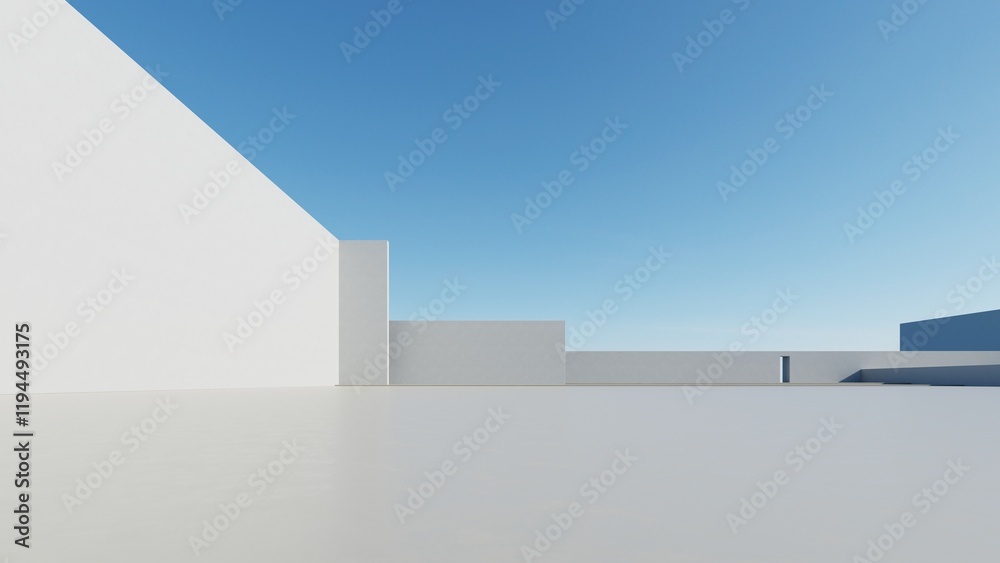 Poster 3d render of abstract modern architecture with empty cement floor, minimal exterior, car presentatio