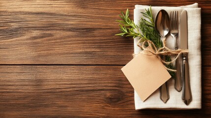 Rustic Wooden Table Setting with Silverware, Napkin, and Greenery for Cozy Dining Experience