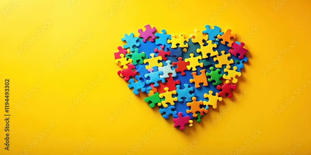Poster Colorful puzzle pieces arranged in a heart shape on a bright yellow background, symbolizing unity and connection.