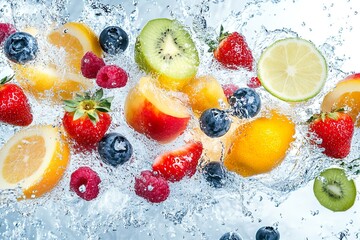 red fruits, peaches and kiwis, dipped whole and in pieces, splashing in water.