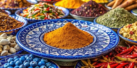 Fototapeta premium Aromatic Spice Blend in a Blue and White Ceramic Dish with Other Spices and Herbs Around It