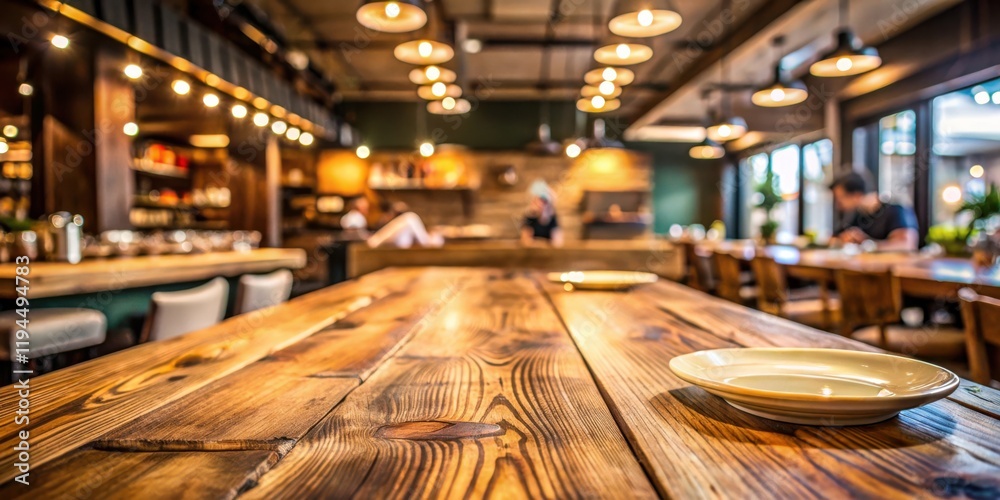 Poster rustic wooden table with white plate in a cozy restaurant setting with warm lighting and a blurred b