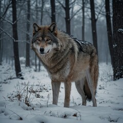 Obraz premium Majestic Wolf Standing in a Snowy Wilderness - A Stunning Display of Wild Nature in Winter. Wolf - Stunning Wildlife Photography. 