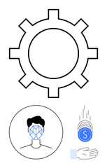 Gear mechanism, face scan icon for AI, and hand with coins for payment symbolize AI, automation, innovation, fintech, biometrics, digital and productivity. Ideal for digital identity fintech