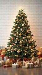 A beautifully decorated Christmas tree is surrounded by gift boxes of various sizes and colors on a white brick wall, Festive Ambiance, White Brick Wall, Textured Background