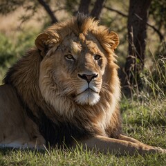 A lion resting in the shade, white background.

