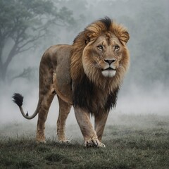 Obraz premium A lion walking through mist, white background.