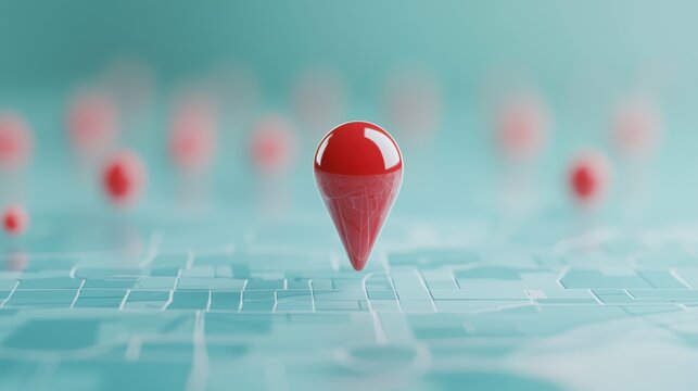 A realistic 3D rendering of a location pin with a glossy red finish, standing upright on a stylized map surface.