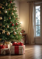 A beautifully wrapped gift sitting beneath a tall Christmas tree, colorful ribbon, holiday spirit